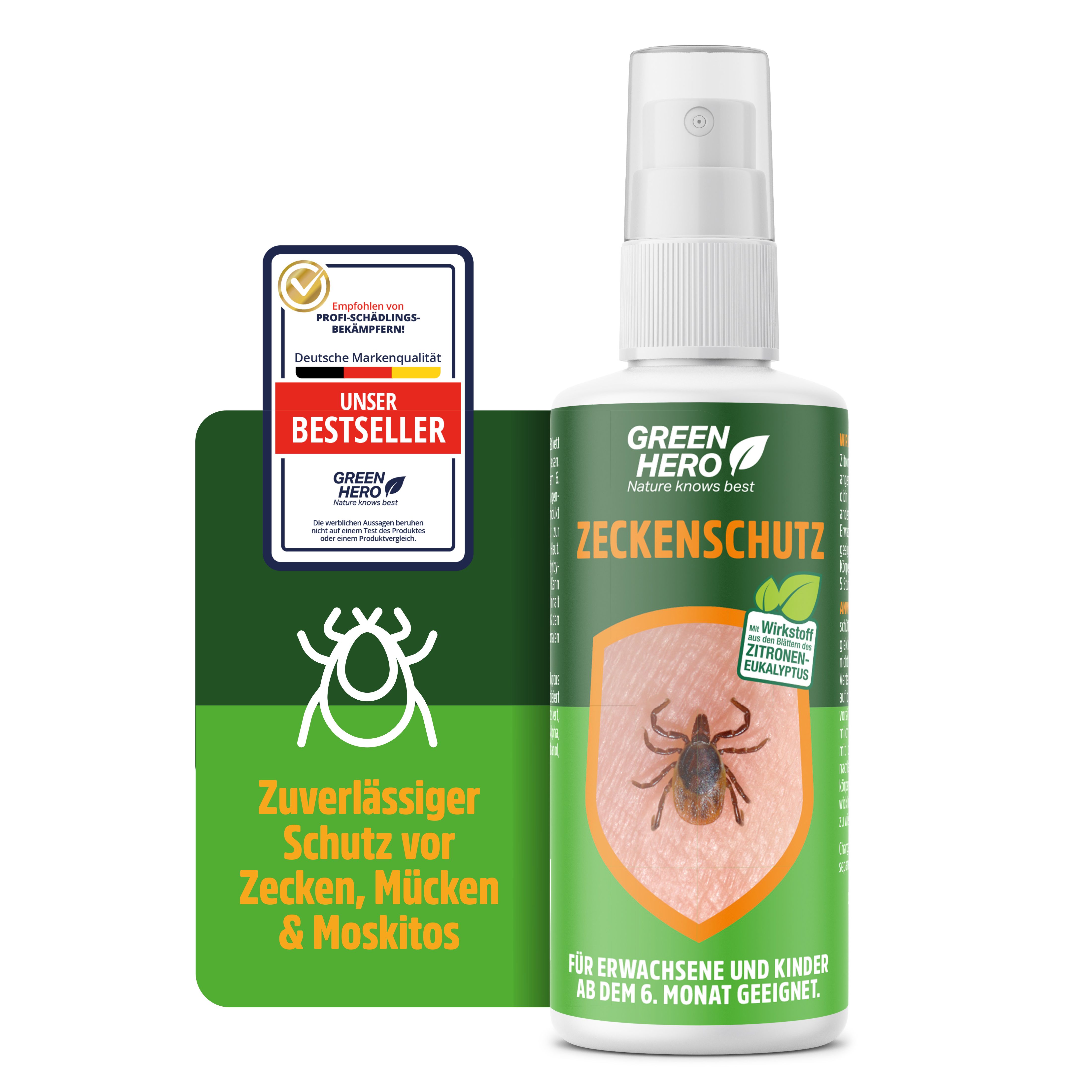 Grüne Flasche mit Sprühkopf. Aufschrift: Green Hero Zeckenschutz. Zertifizierungslogo. Text: Zuverlässiger Schutz vor Zecken, Mücken & Moskitos.