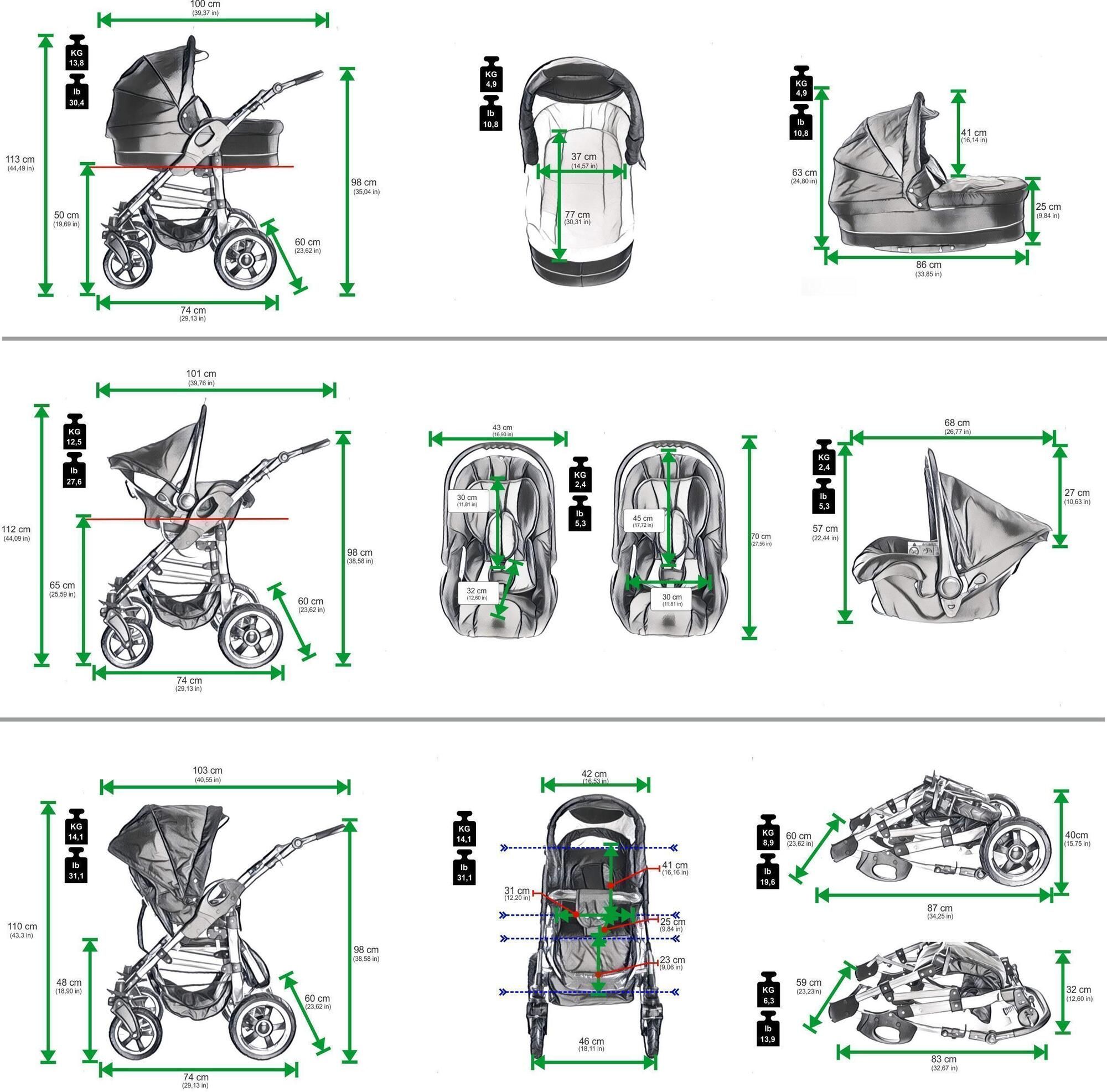 Technische Zeichnungen des Kinderwagen-Komplettsets. Zeigt Abmessungen und Gewichte der einzelnen Komponenten.
