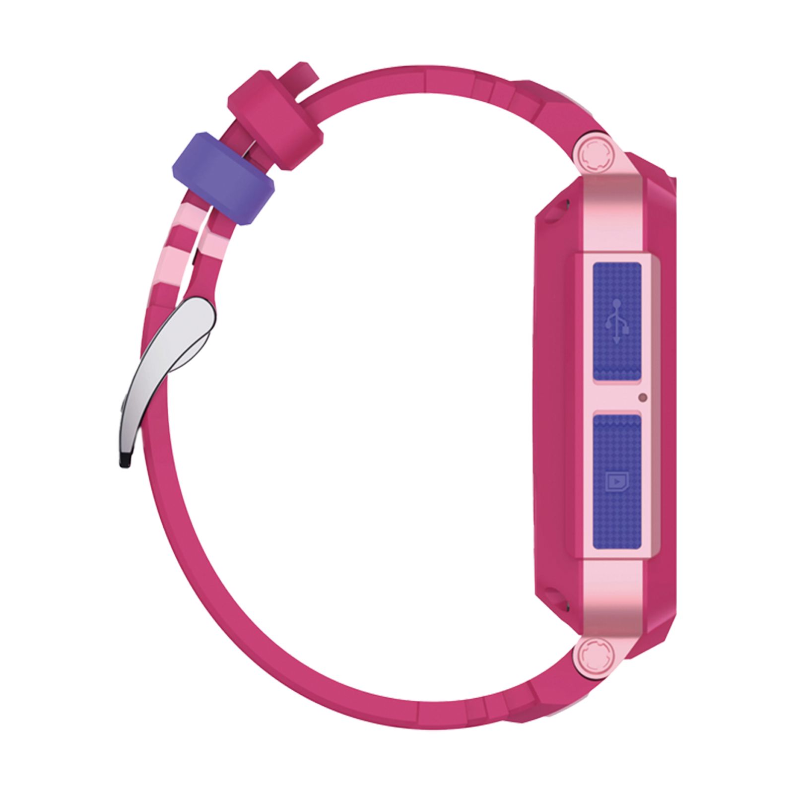 Pinkfarbene Smartwatch. Lila Tasten. Pinkfarbenes Armband. Seitliche Ansicht.