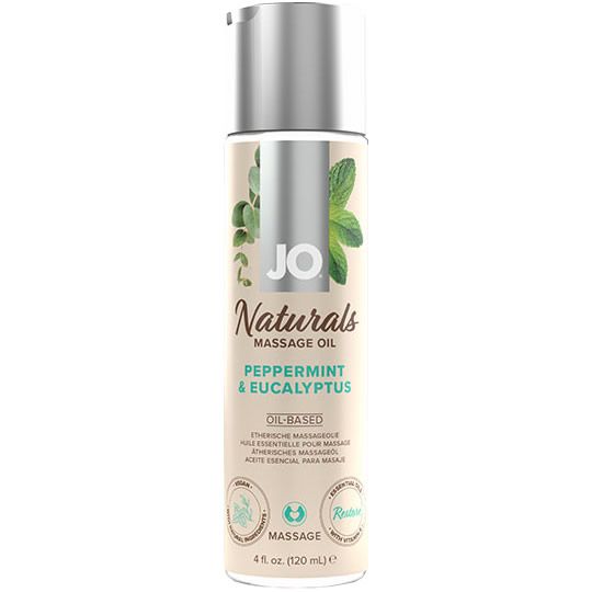 Flasche mit Massageöl. Aufschrift: JO Naturals, Pfefferminze & Eukalyptus. Mit Pflanzenabbildungen und Massage-Logo.