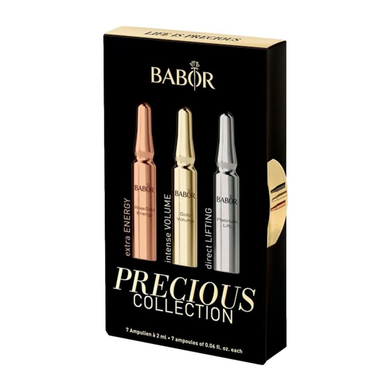 Schwarze Schachtel mit drei Ampullen. Aufschrift: Babor, Precious Collection. Ampullen: Extra Energy, Intense Volume, Direct Lifting.