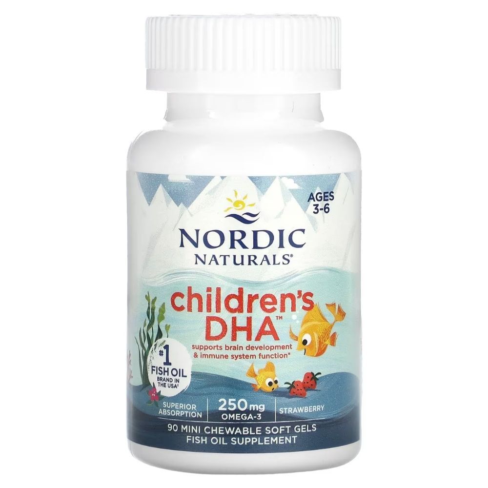 Flasche NORDIC NATURALS Kinder DHA Omega-3 mit Erdbeergeschmack, 90 Mini Chewable Soft Gels.
