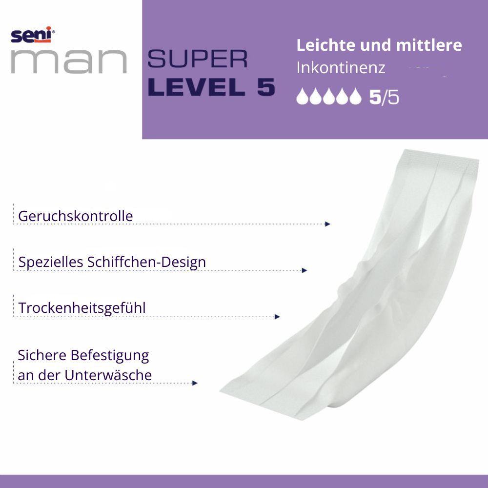 Seni Man Super Level 5 Inkontinenzeinlage. Produktname und Level-Angabe. Text mit Eigenschaften: Geruchskontrolle, Schiffs-Design, Trockenheit, sichere Befestigung.