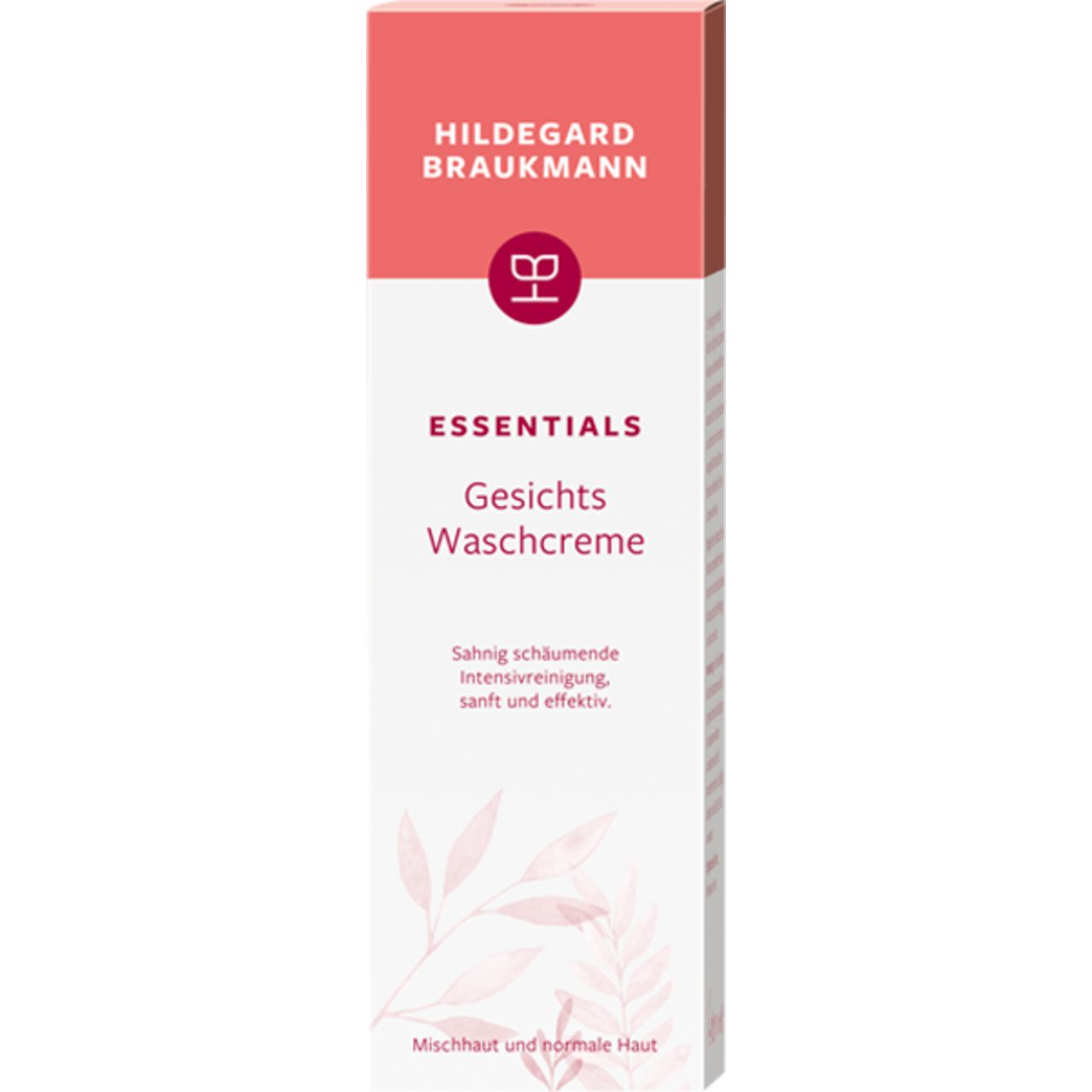 Karton mit Aufschrift: Hildegard Braukmann, Essentials, Gesichts Waschcreme. Text: Sanfte Intensivreinigung. Für Mischhaut und normale Haut.