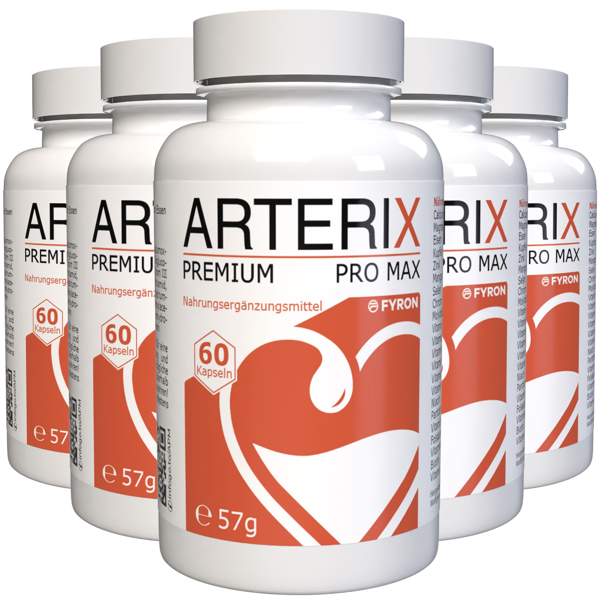 Fünf weiße Flaschen "ARTERIX PREMIUM PRO MAX". 60 Kapseln, 57g.
