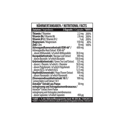 Nährwertangaben für 3 Kapseln. Auflistung von Inhaltsstoffen wie Thiamin, Vitamin B6, Magnesium, Zink.