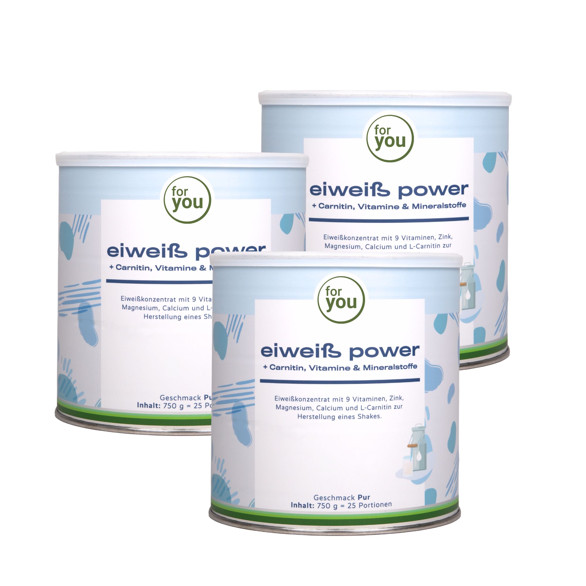 Drei Dosen des Eiweißpulvers 'Eiweiß Power' von 'for you' nebeneinander auf weißem Hintergrund.