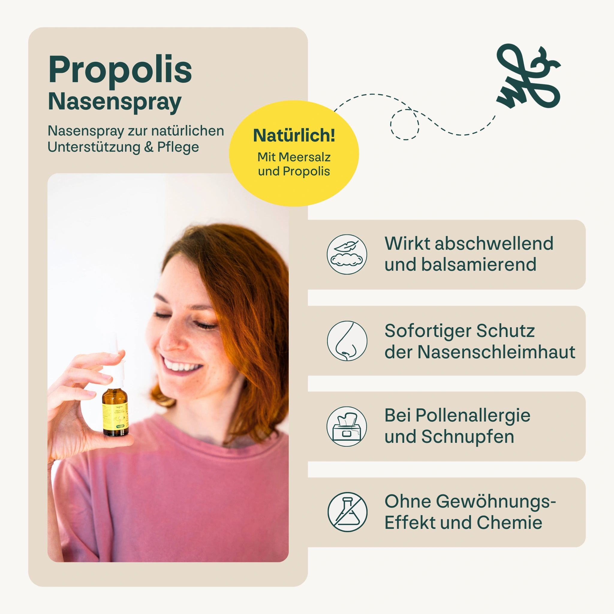 Frau hält Nasenspray. Text: Nasenspray zur natürlichen Unterstützung & Pflege. Mit Meersalz und Propolis. Wirkt abschwellend und balsamierend.