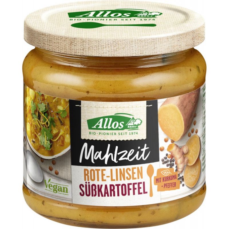 Glas mit Mahlzeit Rote-Linsen Süßkartoffel von Allos. Deckel mit Logo. Aufschrift: Vegan, mit Kurkuma und Pfeffer.