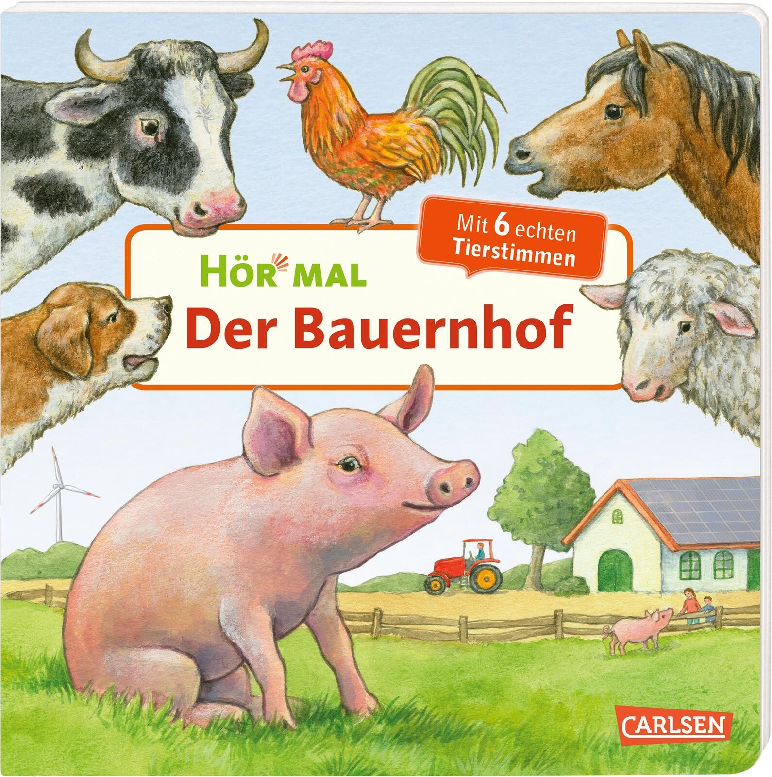 Buchcover: "Hör mal Der Bauernhof" mit Illustrationen von Tieren. Titel und Schriftzug. Carlsen-Logo.