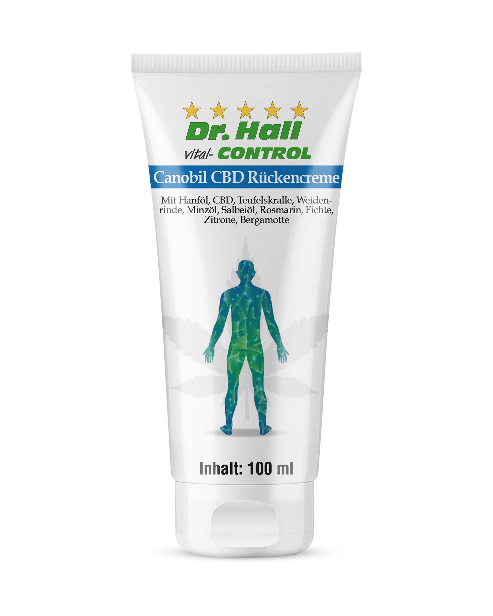 Weiße Tube mit Produktaufschrift Dr. Hall Canobil CBD Rückencreme. Enthält Hanföl, CBD, Teufelskralle und weitere Inhaltsstoffe.