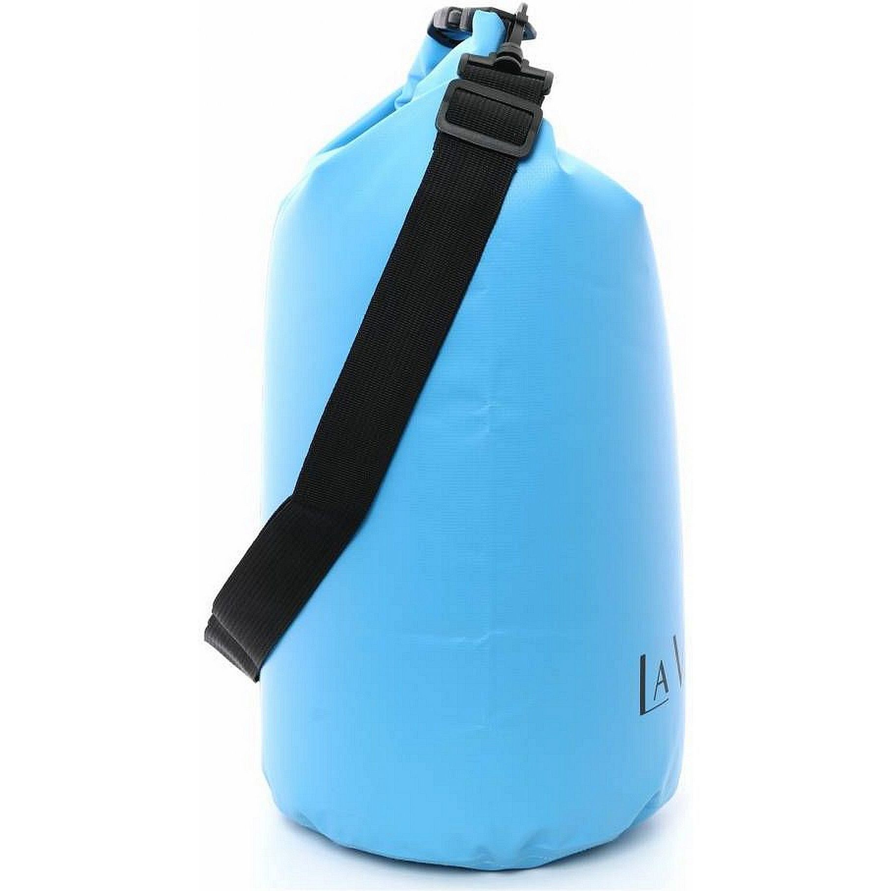 Blauer Packsack mit schwarzem Schultergurt. Logo 'LA VAGUE' am unteren Rand. Zylindrische Form.