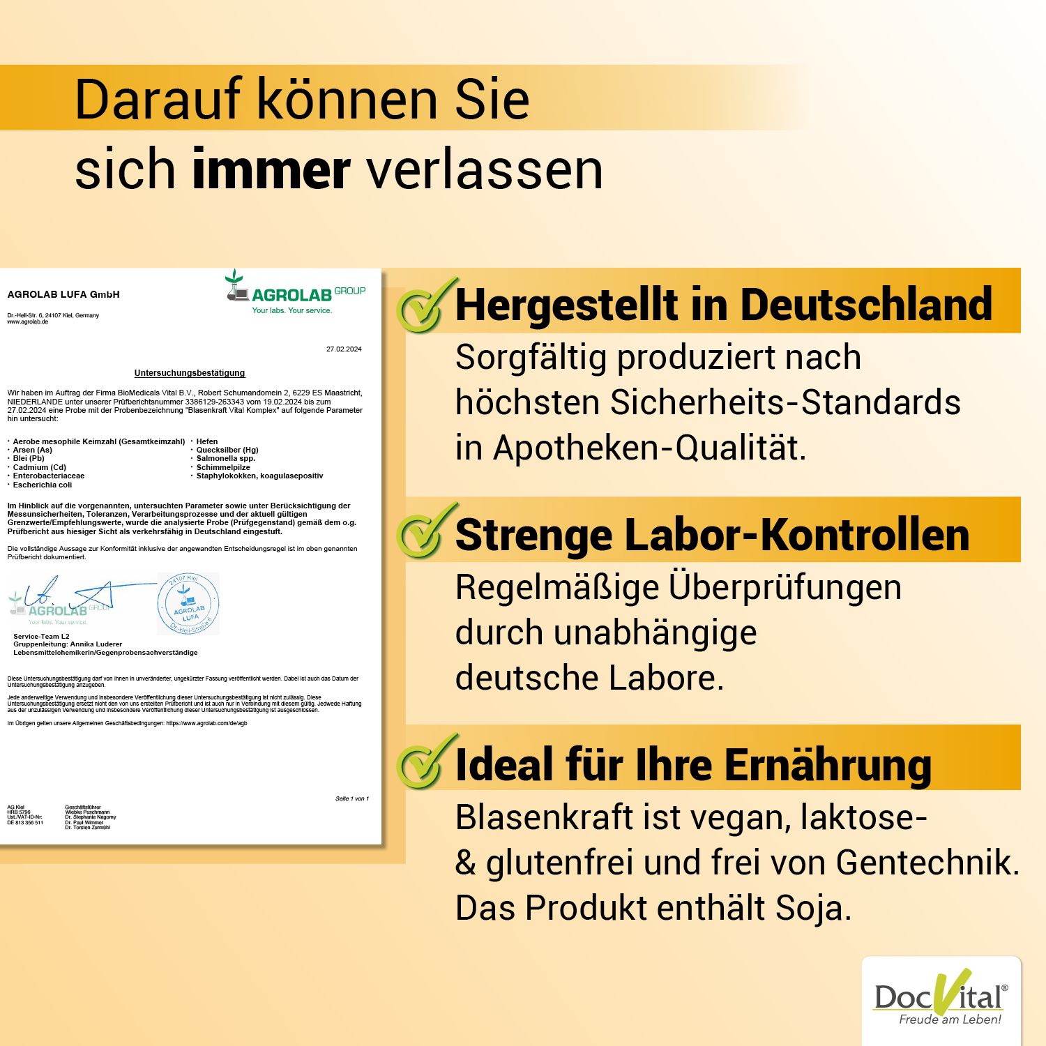 Nachweis von Herstellung in Deutschland, strengen Laborkontrollen und veganer, laktosefreier Ernährung.