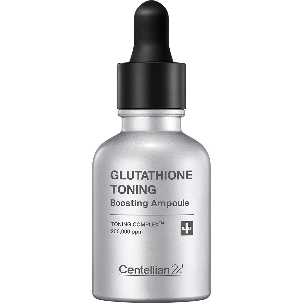 Silberne Flasche mit schwarzem Deckel. Text: Glutathione Toning Boosting Ampoule. Marke: Centellian 24.
