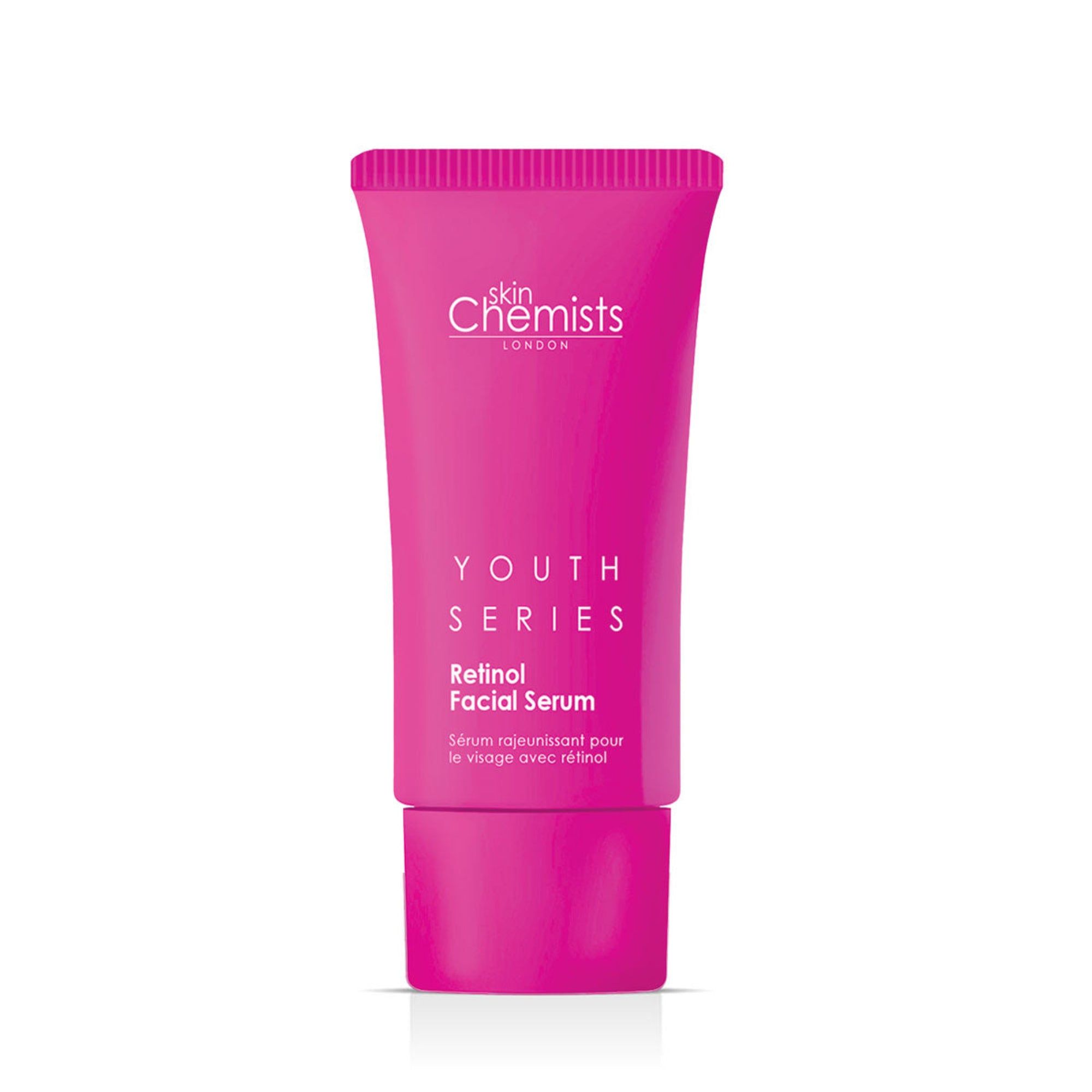 Rosa Tube mit "skinChemists" und "YOUTH SERIES Retinol Facial Serum" Aufdruck. Englische und französische Beschriftung.