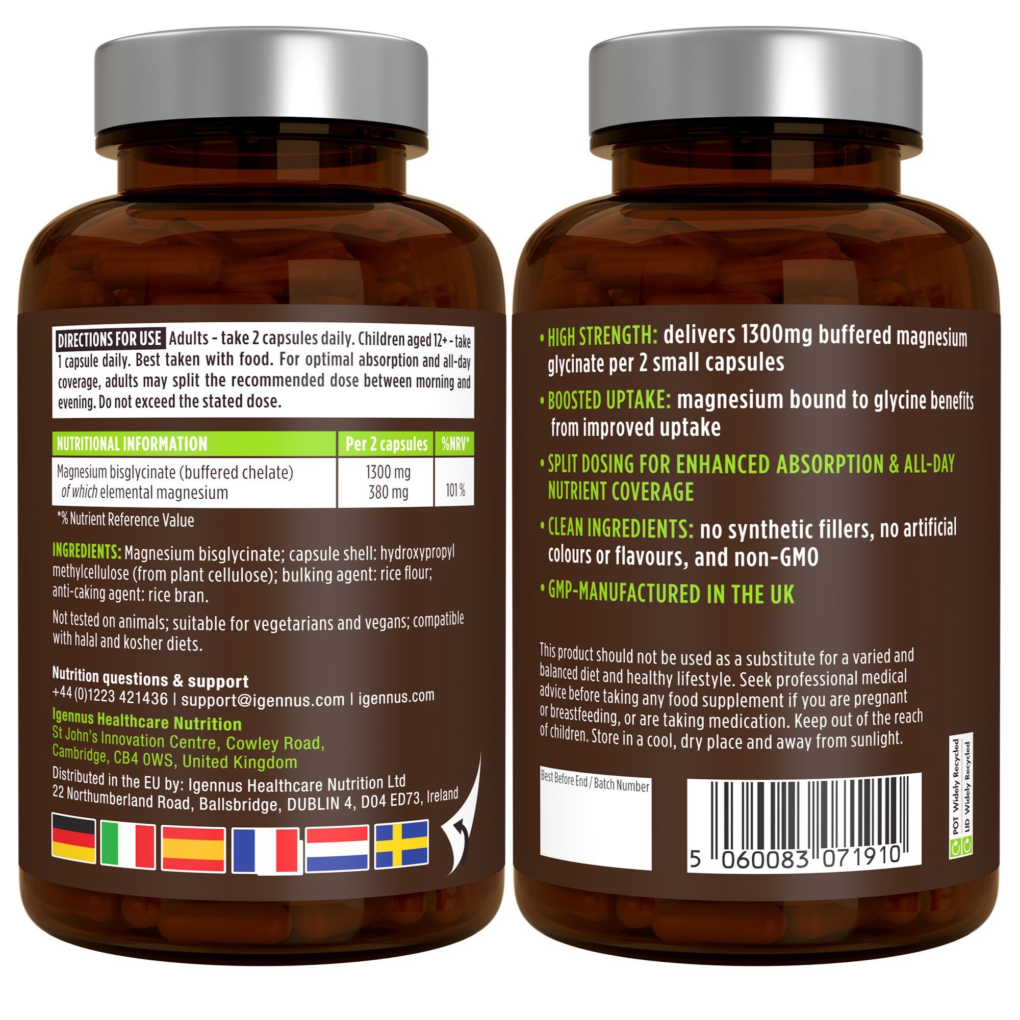 Rückseite und Vorderseite einer Dose Igennus Magnesium Glycinat mit Nährwertangaben.