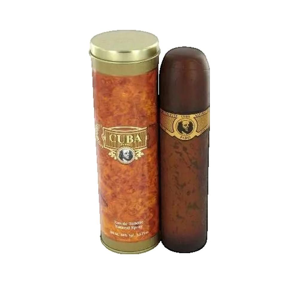 Fragluxe Cuba Gold Eau De Toilette Spray für Herren. Braune Flasche und Dose mit goldfarbenem Deckel. Aufschrift: CUBA.