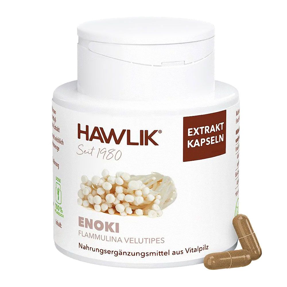 Weiße Dose mit braunen Kapseln. Aufschrift: HAWLIK, ENOKI, Extrakt Kapseln. Nahrungsergänzungsmittel.