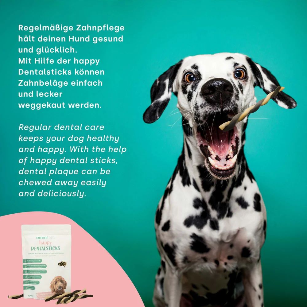 Hund mit Dental Stick im Maul. Verpackung mit Dental Sticks. Aufdruck: emmi-pet happy DENTALSTICKS. Text: Regelmäßige Zahnpflege hält deinen Hund gesund.
