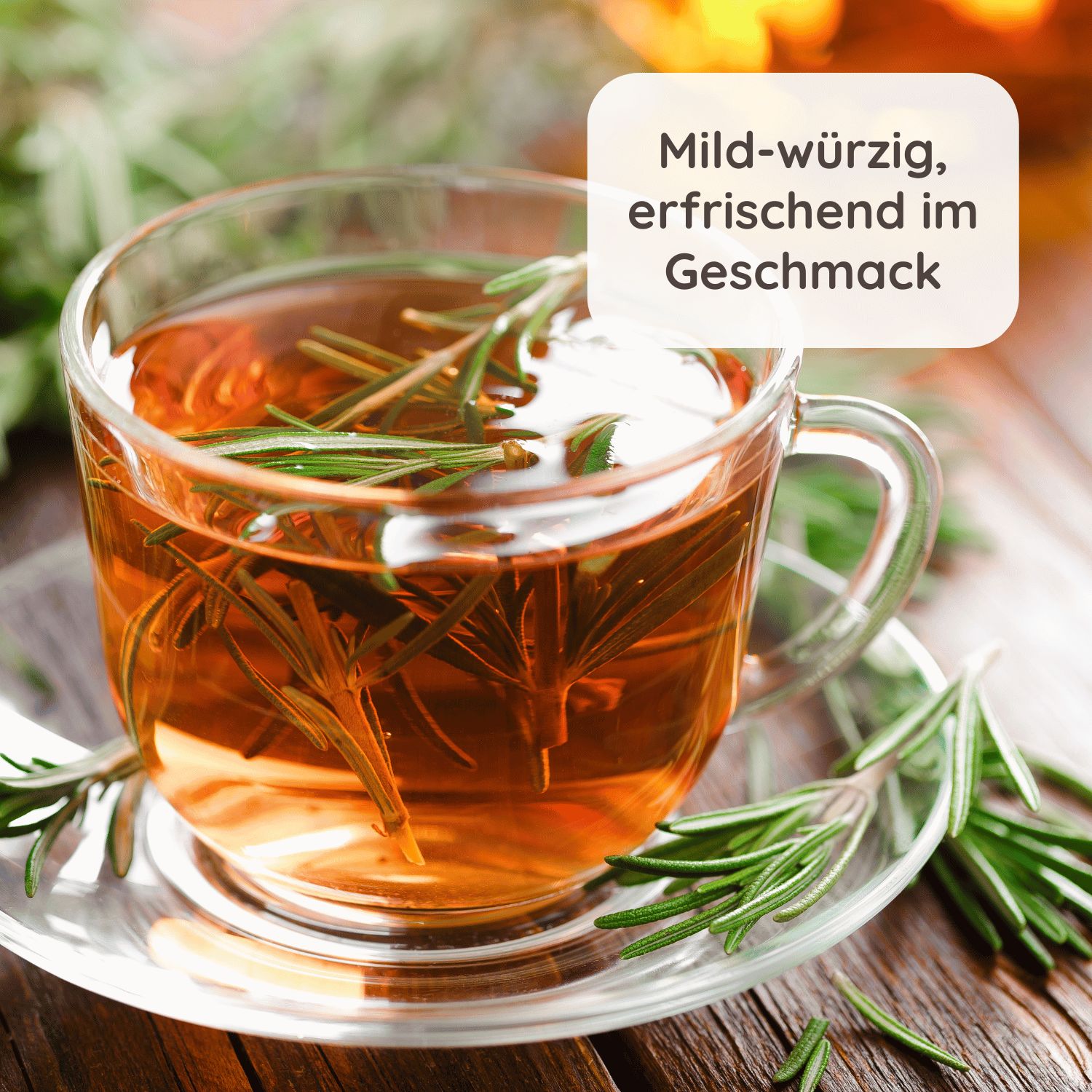 Glasbecher mit Tee und Rosmarinzweigen. Text: Mild-würzig, erfrischend im Geschmack.
