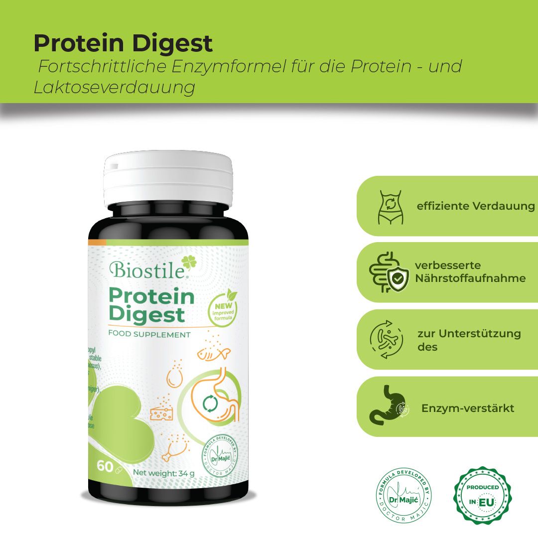 Dunkle Flasche mit weißem Deckel. Aufschrift: Biostile Protein Digest. 60 Kapseln. Zusätzliche Icons und Text.