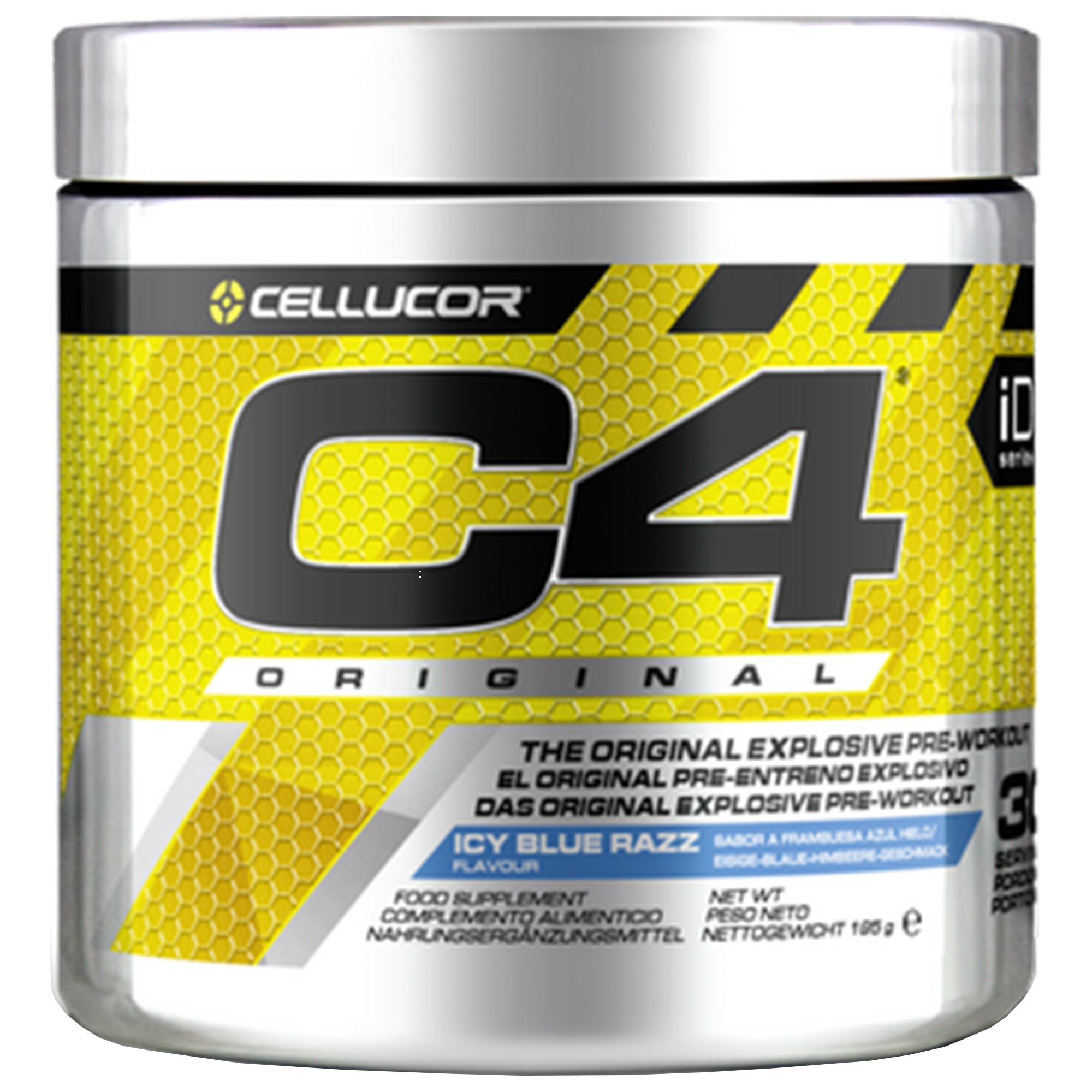 Zylinderförmige Dose mit CELLUCOR C4 Original. Gelber Hintergrund, schwarze Schrift. Aufschrift: Icy Blue Razz. Nahrungsergänzungsmittel.