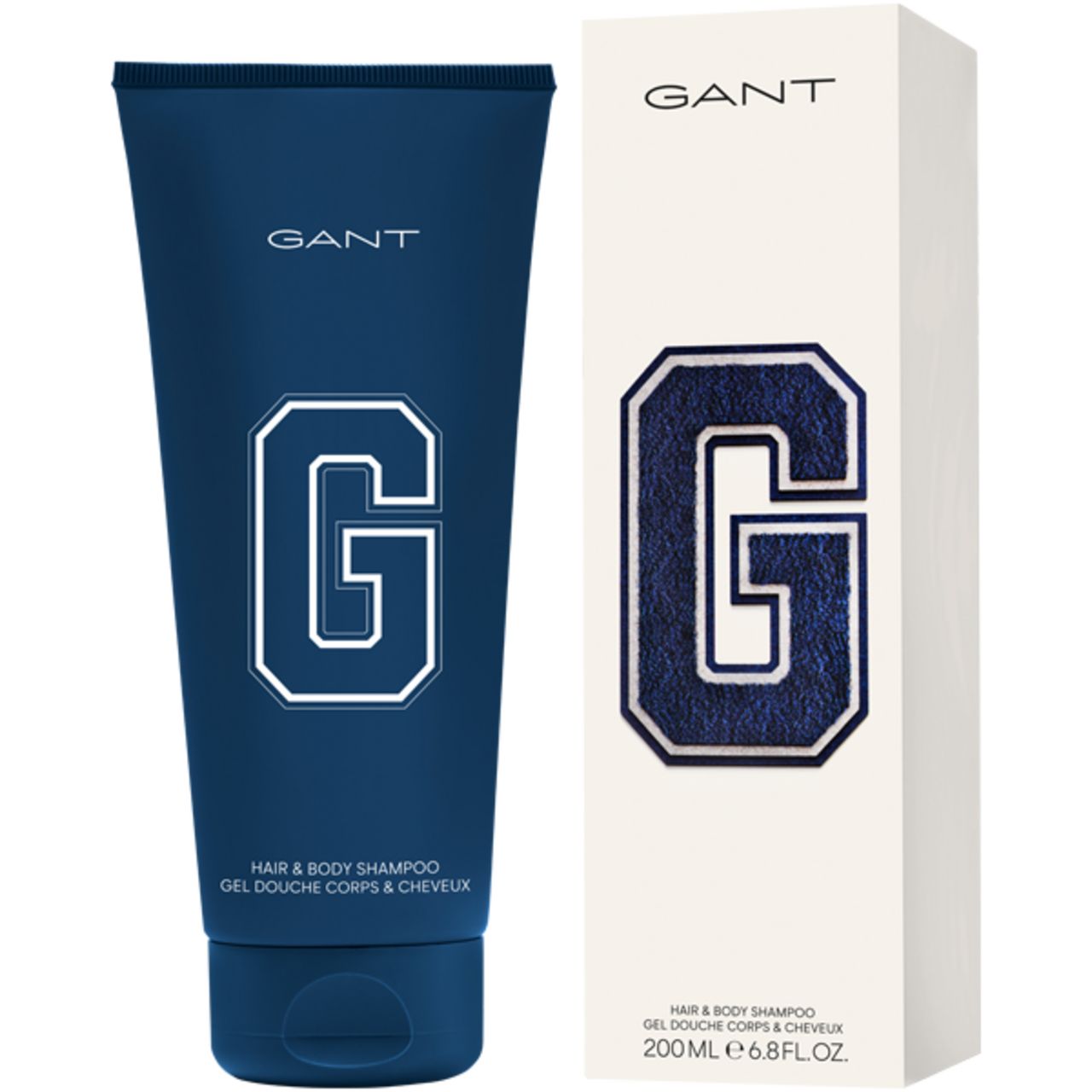 Blaues Shampoo-Tuben und Karton. Auf beiden steht GANT. Auf der Tube und dem Karton ist ein weiß umrandetes "G" abgebildet.