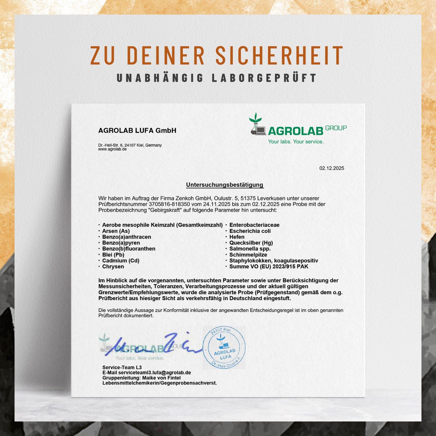 Zertifikat von AGROLAB LUFA GmbH. Text: ZU DEINER SICHERHEIT. Unabhängig laborgeprüft. Unterschriften.