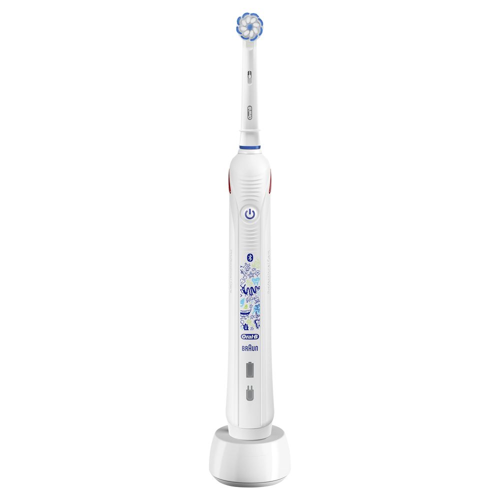 Elektrische Zahnbürste, weiß, mit Ladestation. Blaue Akzente und Muster. Oral-B-Logo.