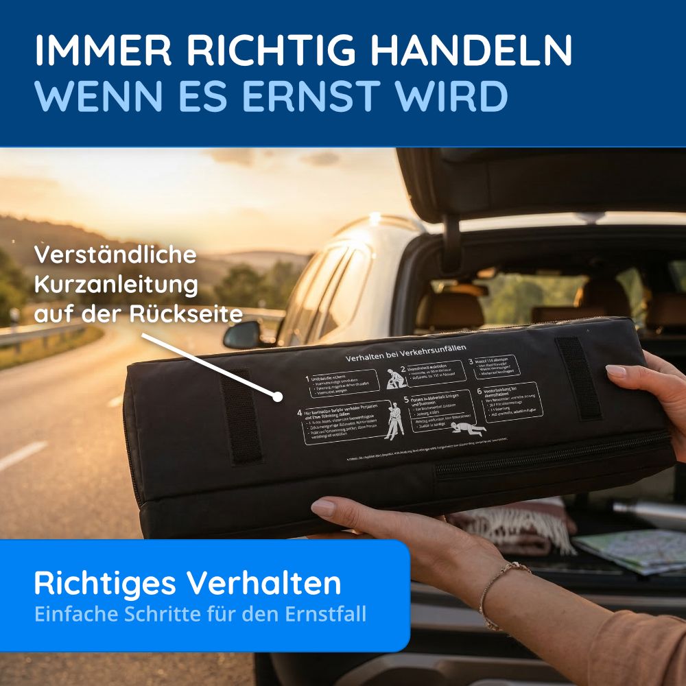 Schwarze Erste-Hilfe-Tasche. Rückseite mit Kurzanleitung. Einfache Schritte für den Ernstfall. Text: Richtiges Verhalten.