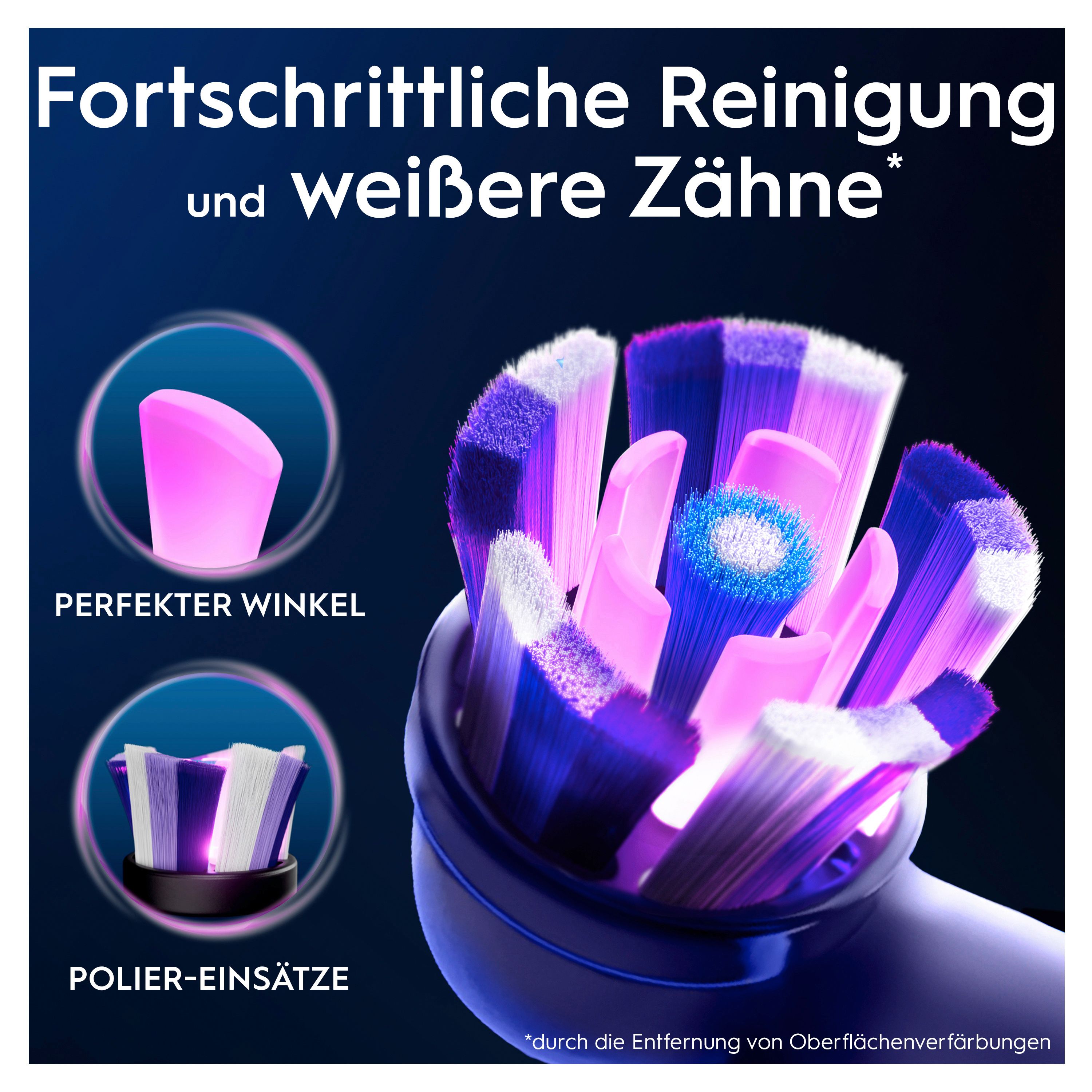 Nahaufnahme eines iO-Bürstenkopfes mit lila und weißen Borsten. Text: Fortschrittliche Reinigung und weißere Zähne.