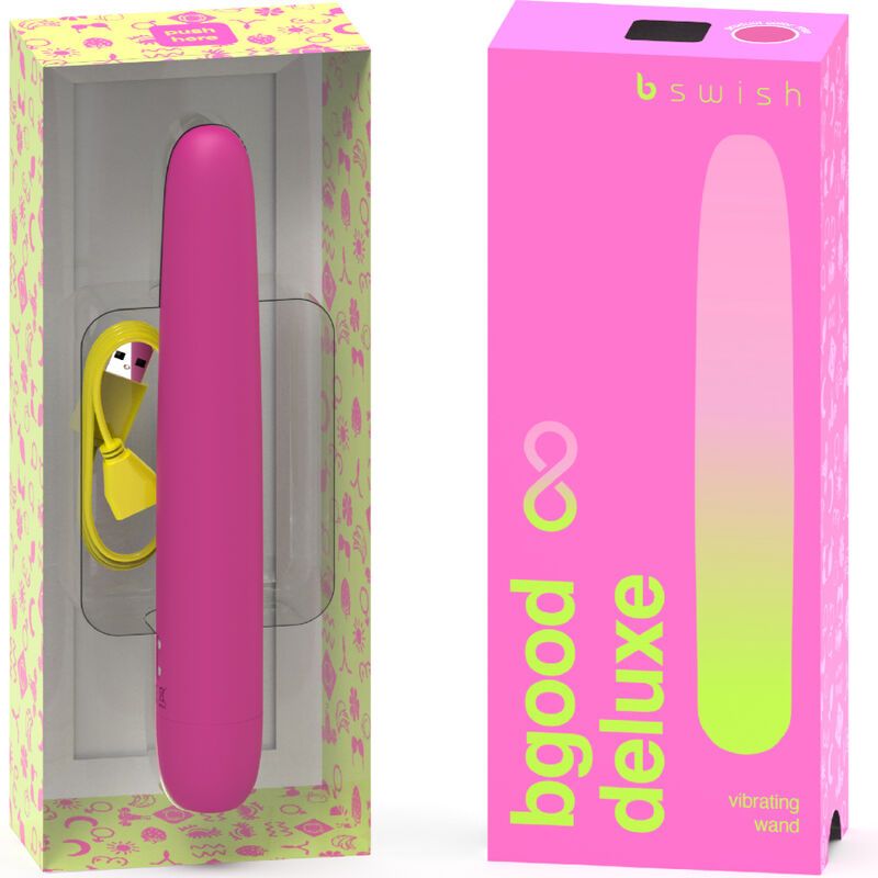Pinkfarbener Vibrator in Verpackung. Aufschrift: bgood deluxe. Gelbes Ladekabel. Verpackung mit Muster.