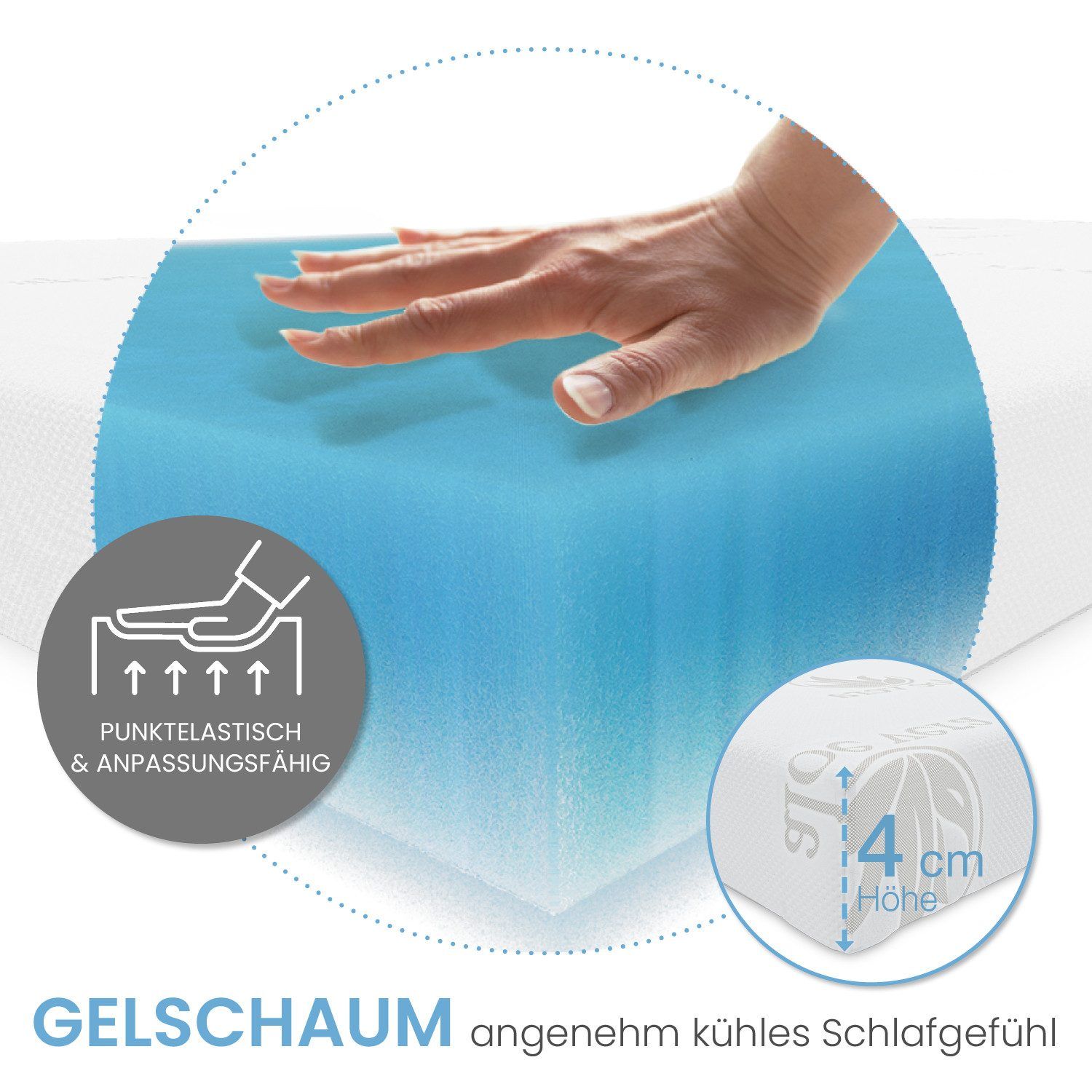 Hand berührt blauen Gelschaum. 4 cm Höhe-Detail. Text: Punktelastisch & anpassungsfähig.