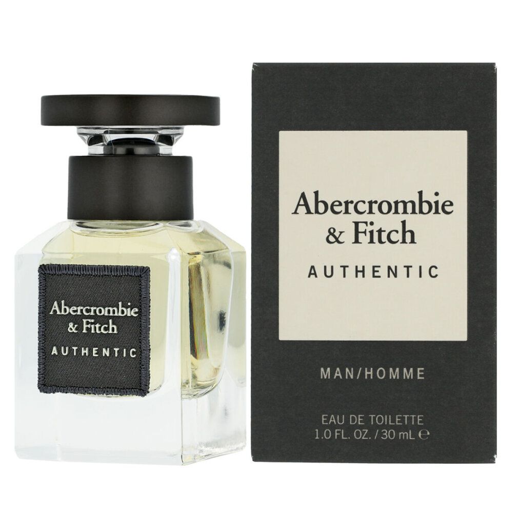 Flakon mit schwarzem Verschluss und rechteckiger Verpackung. Aufschrift: Abercrombie & Fitch AUTHENTIC MAN/HOMME.