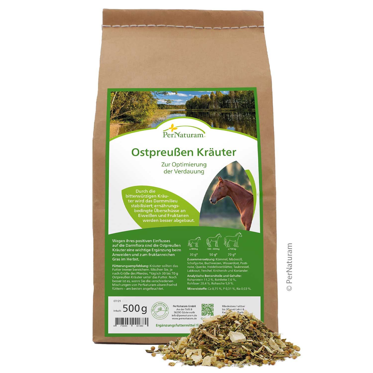 Braune Papiertüte mit Produktnamen und Logo. Text und Illustrationen. Unten eine kleine Menge Kräuter. 500g-Angabe.