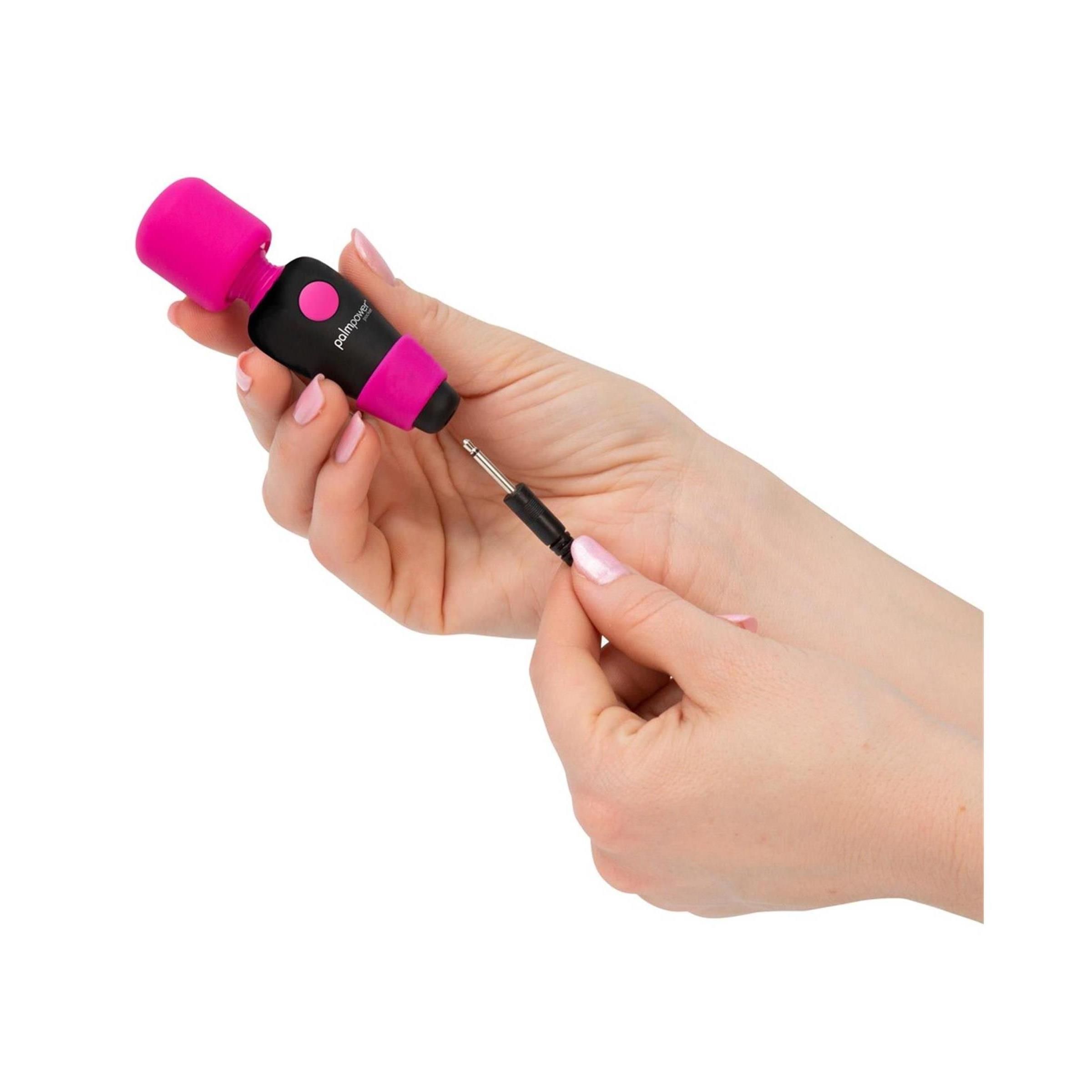 Hände halten ein schwarzes Produkt und verbinden ein Kabel. Aufdruck: Palmpower pocket.