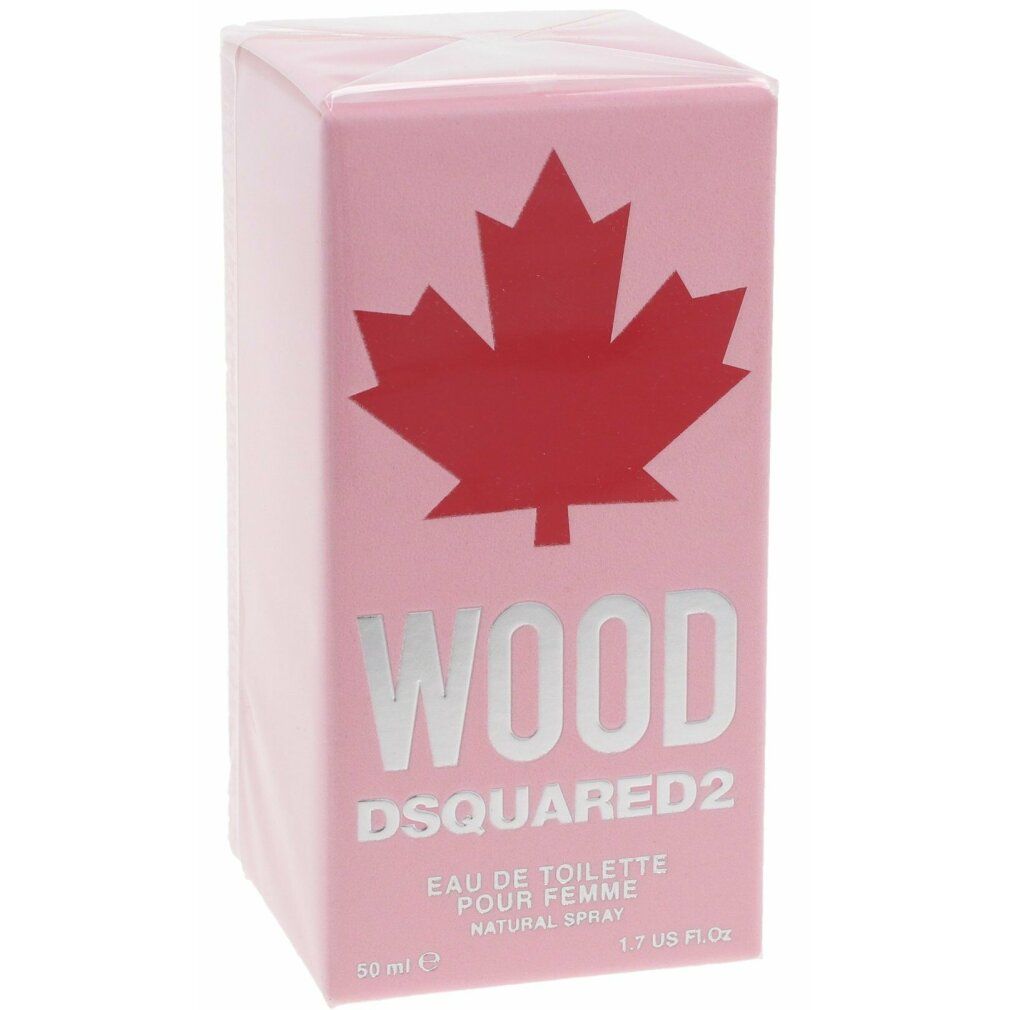 Rosa Verpackung mit rotem Ahornblatt und Schriftzug WOOD DSQUARED2. Eau de Toilette Pour Femme.