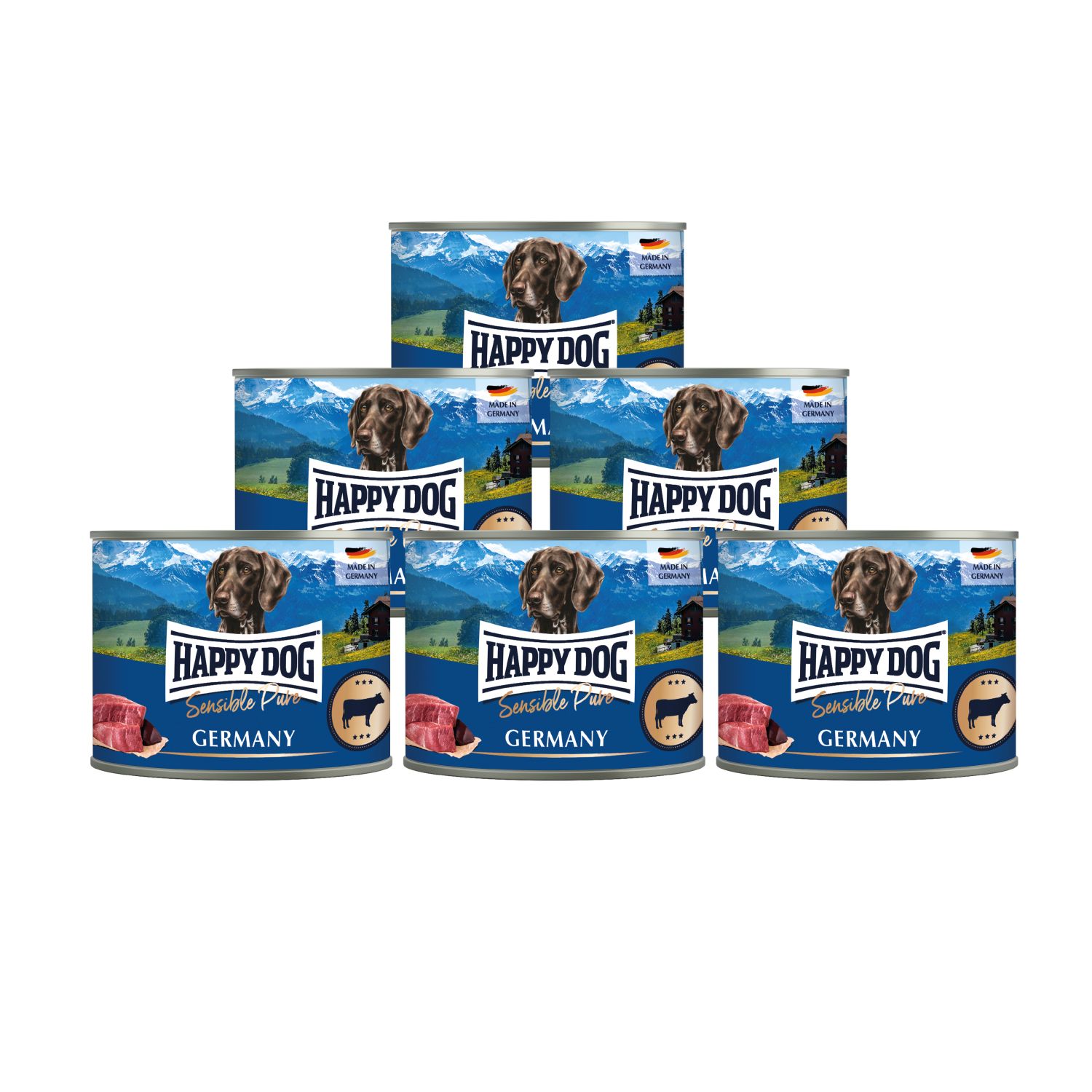 Mehrere Dosen Hundefutter, Happy Dog Sensible Pure Germany. Aufschrift: Happy Dog, Sensible Pure, Germany. Abbildung eines Hundes.