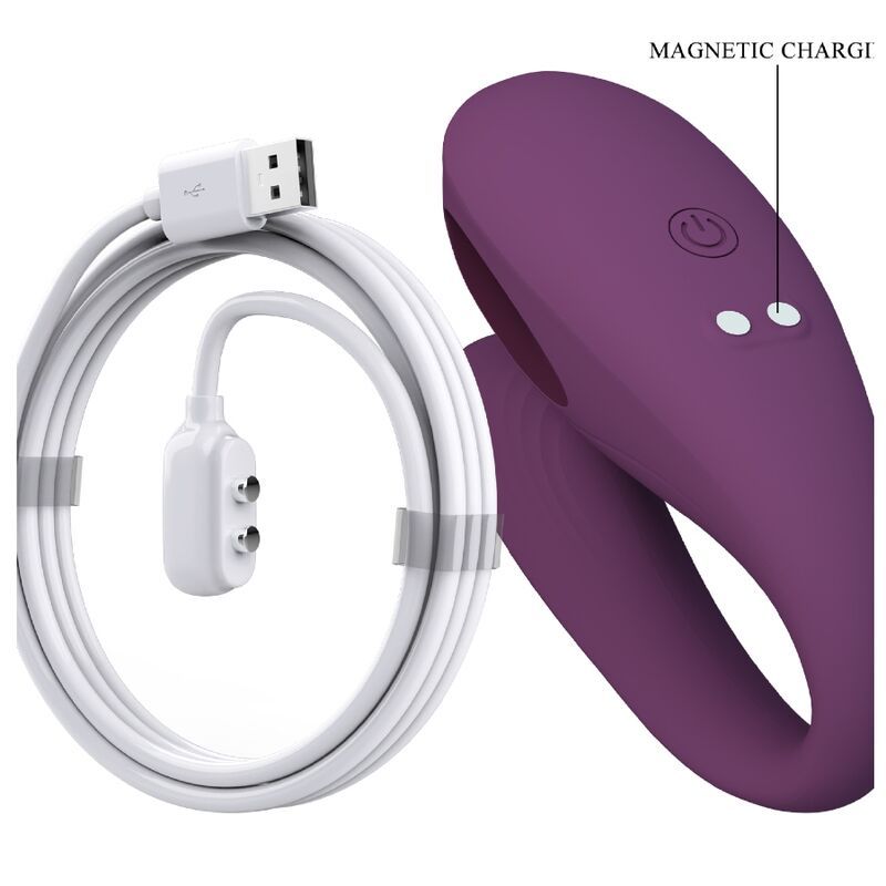 Lila Stimulator mit USB-Ladekabel. Auf der einen Seite: Ein/Aus-Knopf und zwei Knöpfe. Kabel mit magnetischem Ladeanschluss.