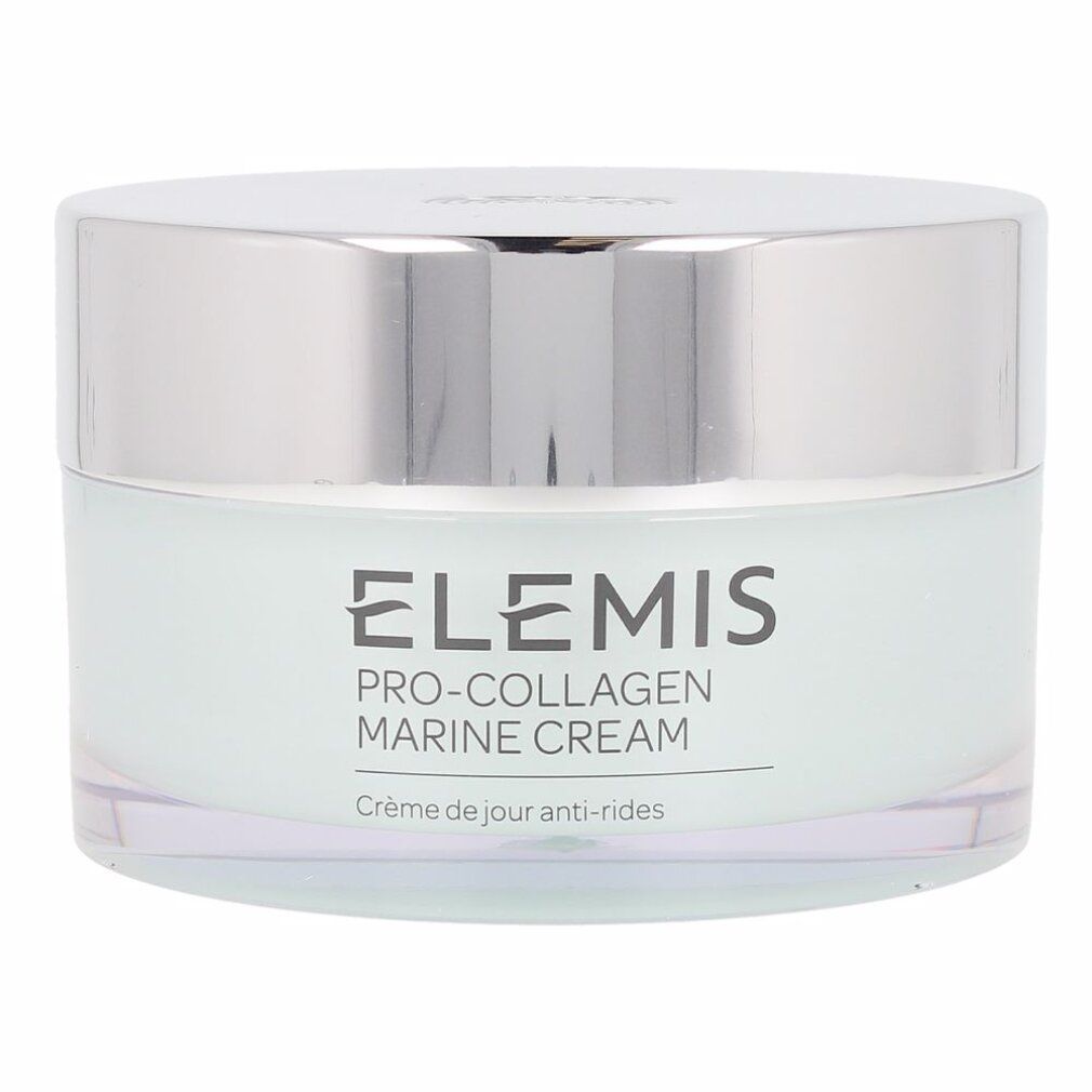 Tiegel mit Elemis Pro-Collagen Marine Cream. Transparenter Tiegel mit silbernem Deckel. Schwarzer Schriftzug.