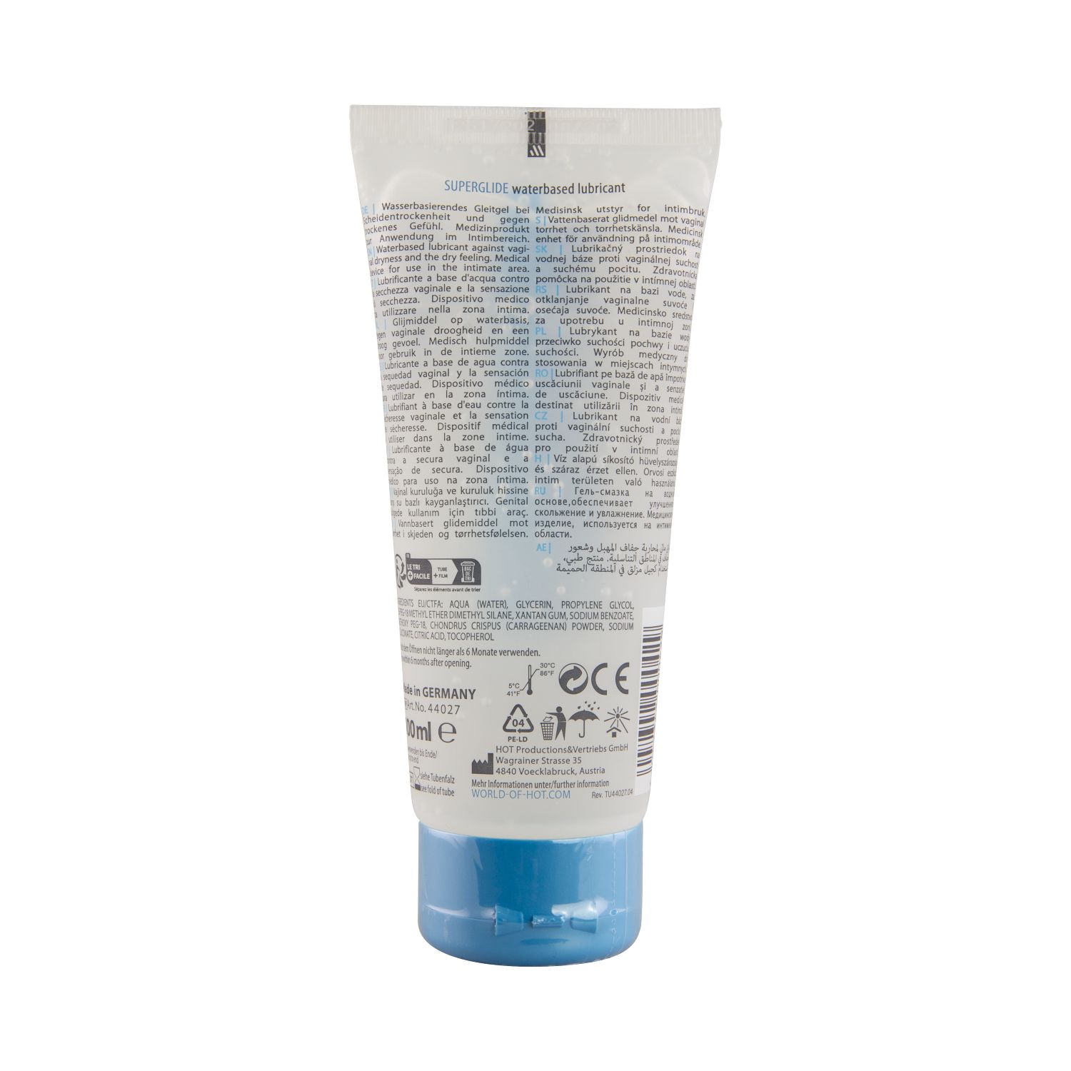 Tube mit Produktinformationen. Rückseite mit Text, weißer Tube mit blauem Verschluss. Wasserbasiertes Gleitmittel.