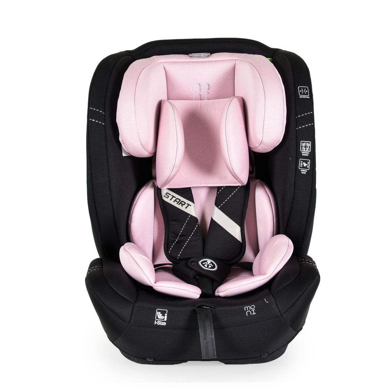 Kindersitz, schwarz mit rosa Polsterung, Vorderansicht