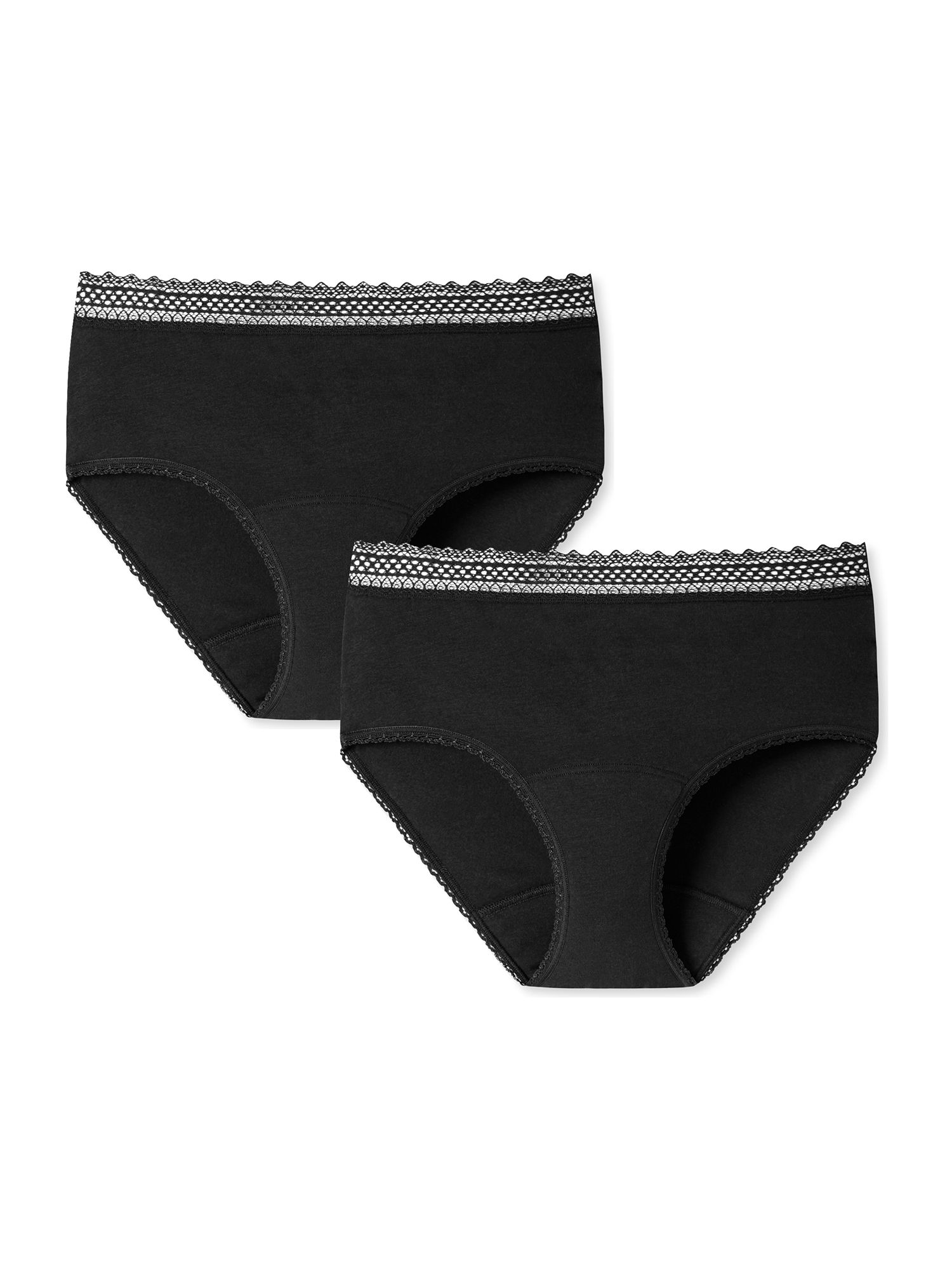 Zwei schwarze Perioden-Panties. Spitze am Bund. Blick von vorne.