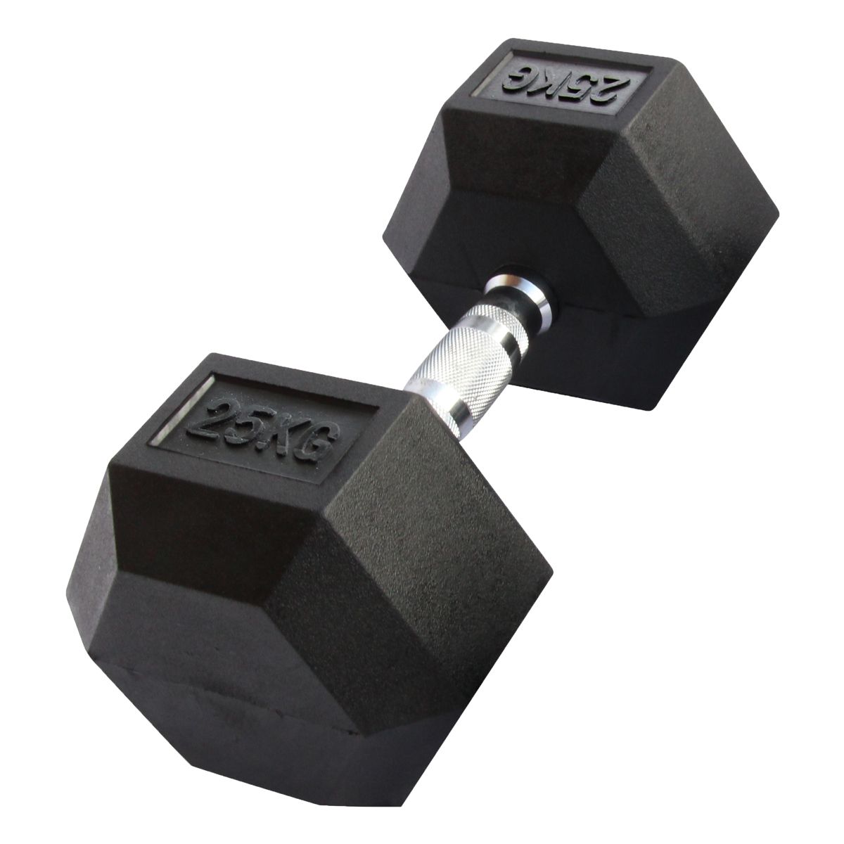 Schwarze, sechseckige Hantel mit Metallgriff. Auf jeder Seite steht "25KG".
