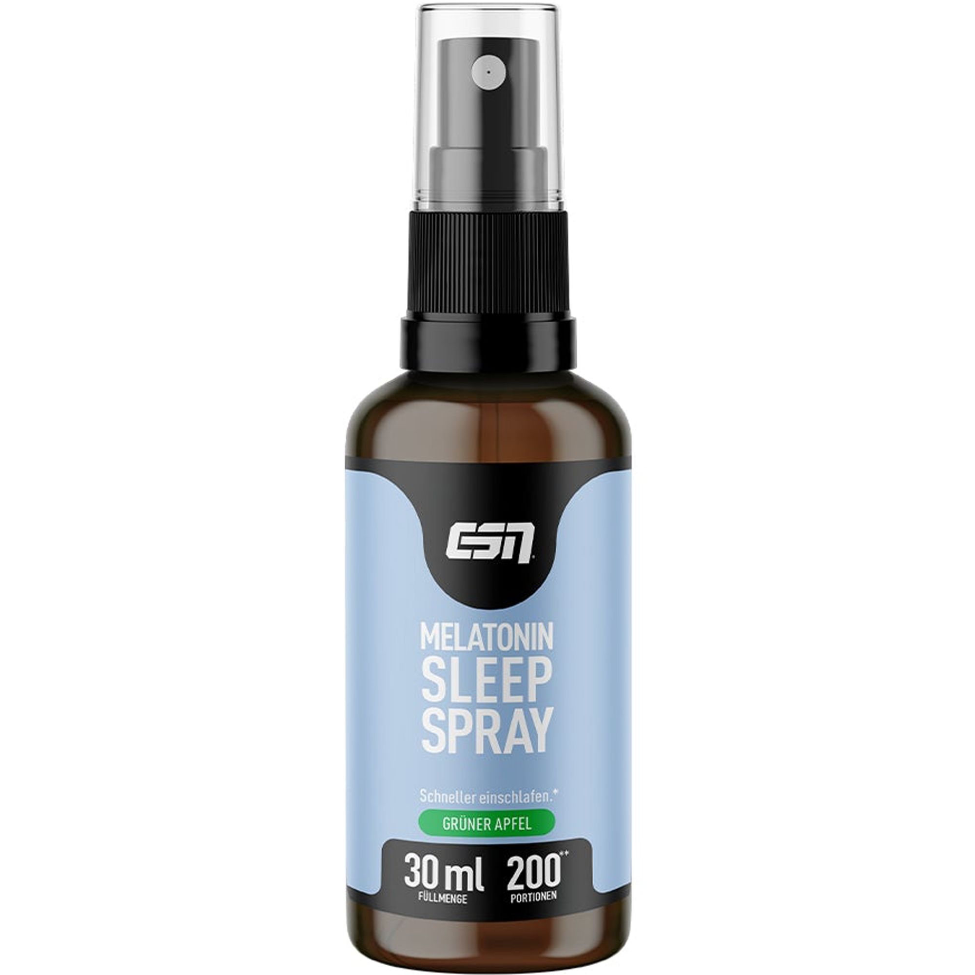 Braune Flasche mit Sprühkopf. Aufschrift: Melatonin Sleep Spray, Grüner Apfel. 30 ml, 200 Portionen. Marke ESN.