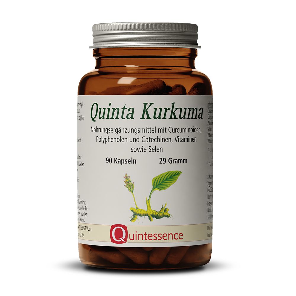 Braune Glasflasche mit Quinta Kurkuma Kapseln. Etikett mit Produktinformationen. Silberner Deckel.