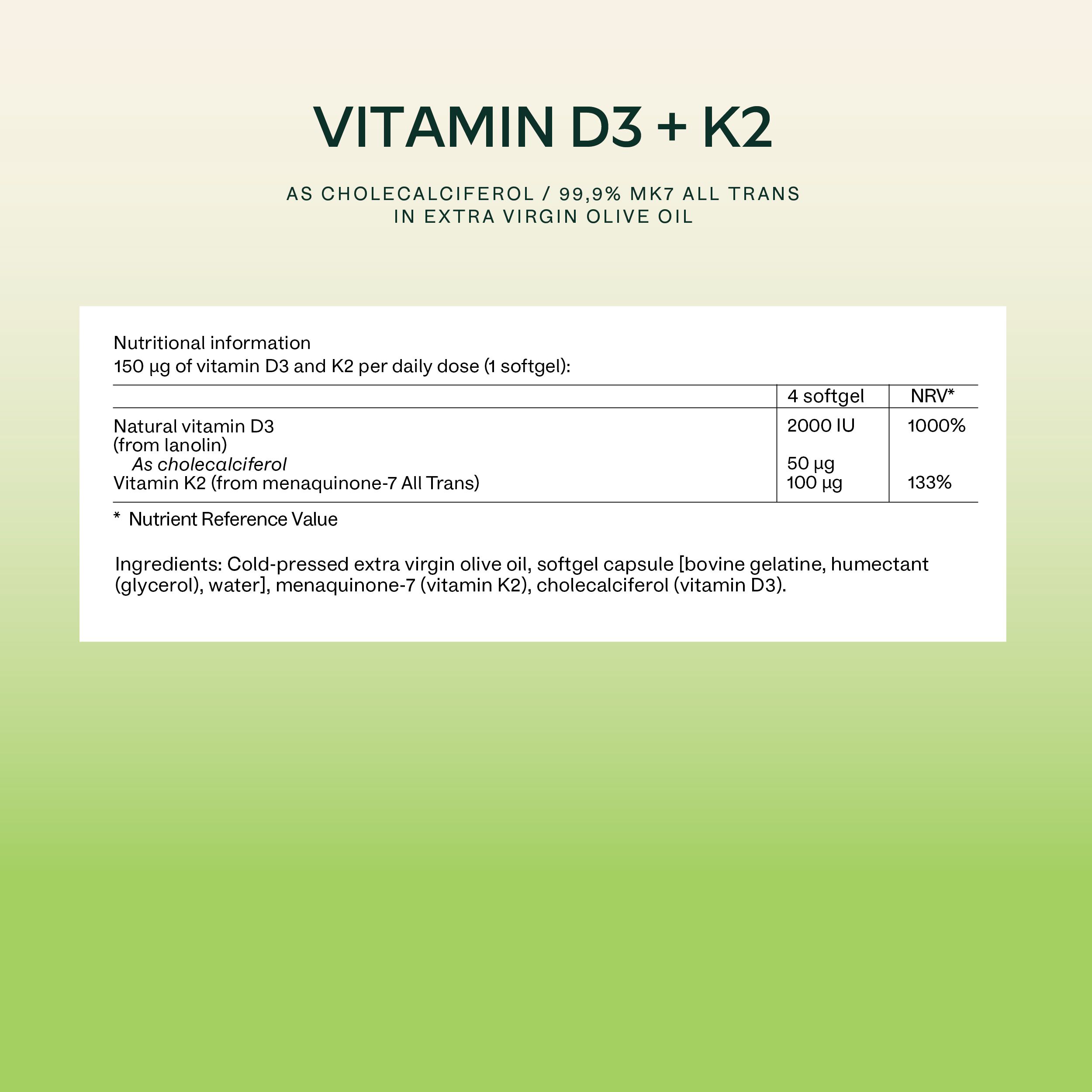 Text auf grünem Hintergrund. Enthält Informationen zu Nährwerten und Inhaltsstoffen. Aufschrift: Vitamin D3 + K2.