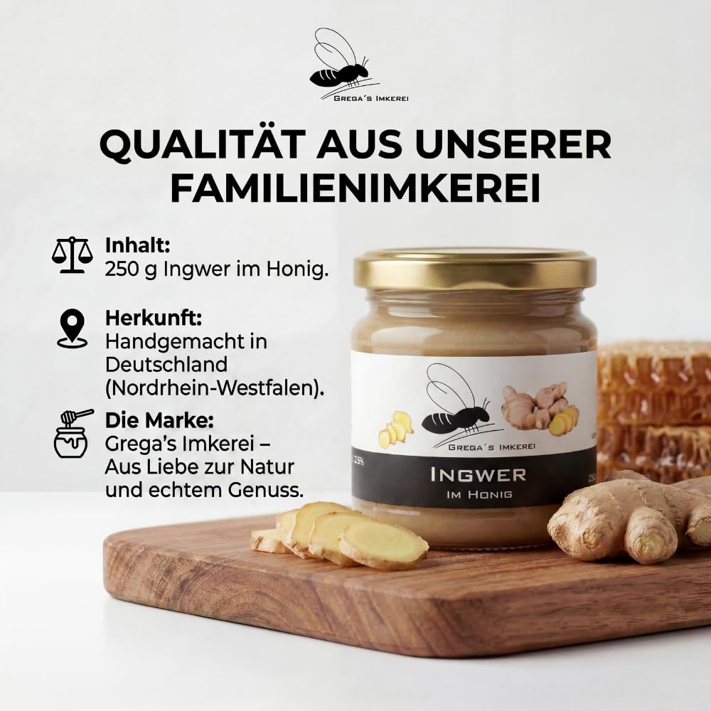 Glas Ingwerhonig (250g) von Grega's Imkerei, handgemacht in Deutschland. Mit Bienen- und Ingwerabbildung.