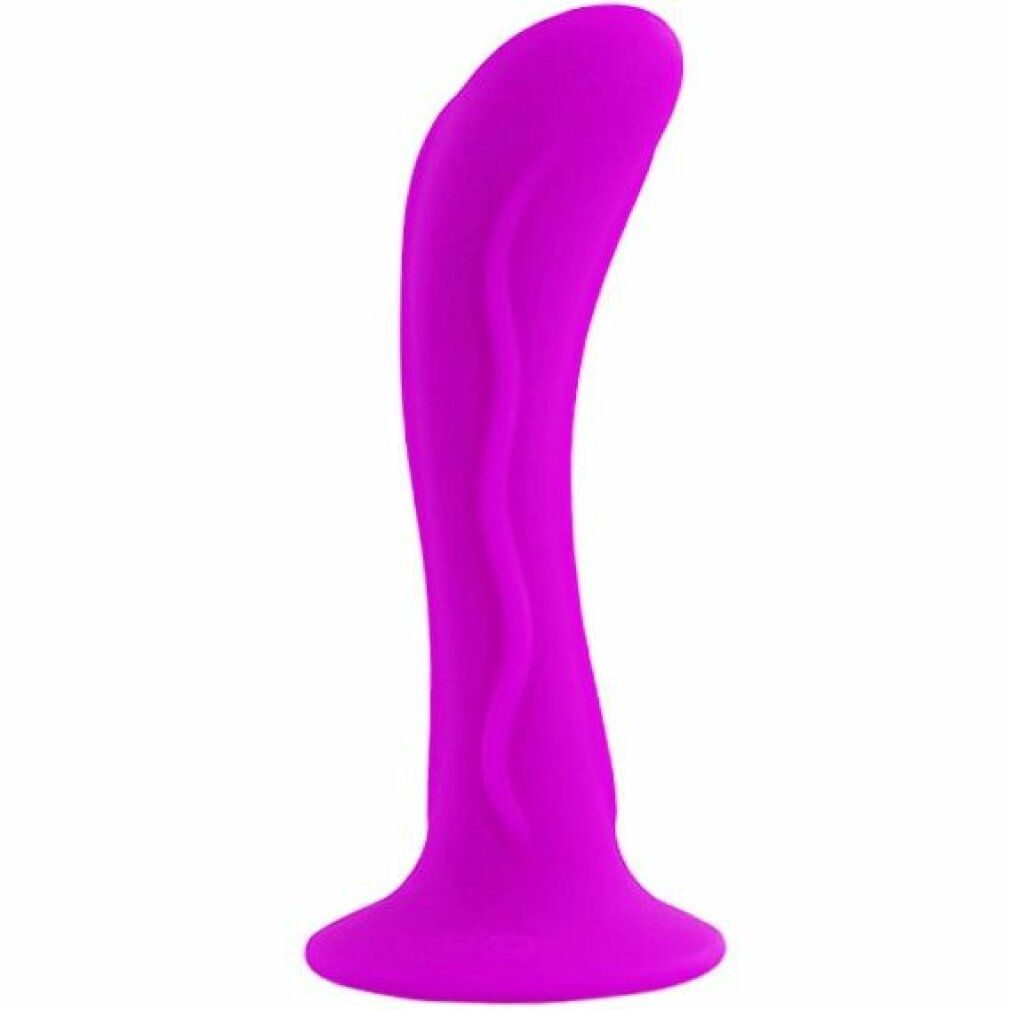 Lila Dildo mit geschwungener Form und Saugnapf. Oberfläche mit Rillenmuster.