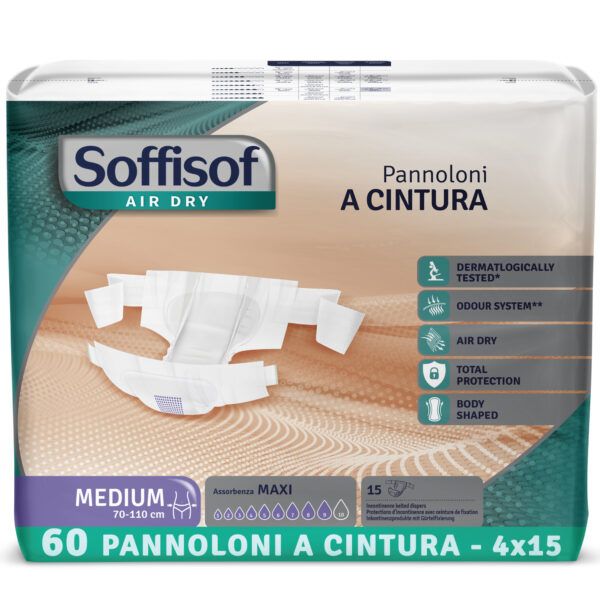 Packung Soffisof Inkontinenzschutz mit Hüftbund Maxi. Medium, 70-110 cm. 60 Stück. Dermatologisch getestet, Air Dry, Total Protection.